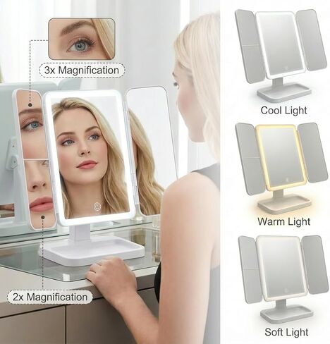 مرآة مكياج قابلة للطي بثلاثة جوانب تم ترقيتها حديثًا لعام 2026، مرآة ثلاثية الجوانب بإضاءة LED لسطح المكتب على شكل صدفة البحر، حجم كبير مع ضوء قابل للتعديل in Kuwait