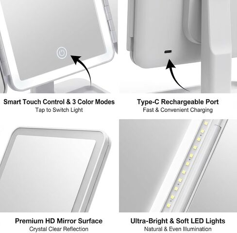 مرآة مكياج قابلة للطي بثلاثة جوانب تم ترقيتها حديثًا لعام 2026، مرآة ثلاثية الجوانب بإضاءة LED لسطح المكتب على شكل صدفة البحر، حجم كبير مع ضوء قابل للتعديل in Kuwait
