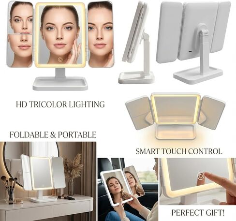 مرآة مكياج قابلة للطي بثلاثة جوانب تم ترقيتها حديثًا لعام 2026، مرآة ثلاثية الجوانب بإضاءة LED لسطح المكتب على شكل صدفة البحر، حجم كبير مع ضوء قابل للتعديل in Kuwait