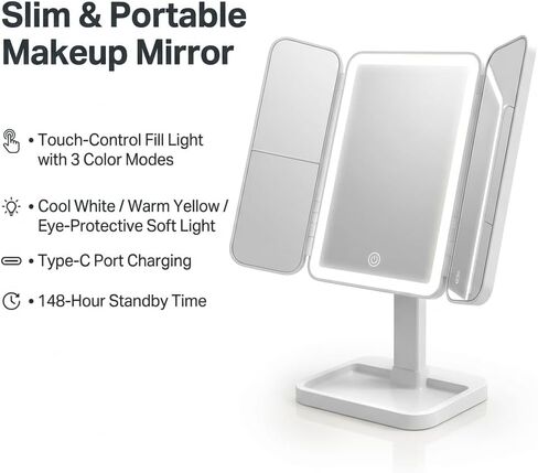 مرآة مكياج قابلة للطي بثلاثة جوانب تم ترقيتها حديثًا لعام 2026، مرآة ثلاثية الجوانب بإضاءة LED لسطح المكتب على شكل صدفة البحر، حجم كبير مع ضوء قابل للتعديل in Kuwait