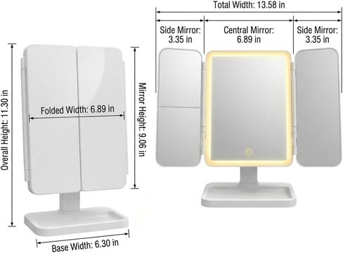 مرآة مكياج قابلة للطي بثلاثة جوانب تم ترقيتها حديثًا لعام 2026، مرآة ثلاثية الجوانب بإضاءة LED لسطح المكتب على شكل صدفة البحر، حجم كبير مع ضوء قابل للتعديل in Kuwait