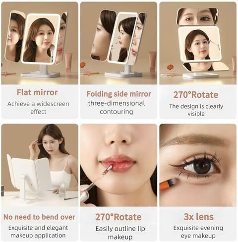 مرآة مكياج قابلة للطي بثلاثة جوانب تم ترقيتها حديثًا لعام 2026، مرآة ثلاثية الجوانب بإضاءة LED لسطح المكتب على شكل صدفة البحر، حجم كبير مع ضوء قابل للتعديل in Kuwait