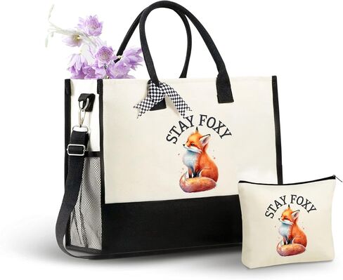 InnoBeta Fox Gifts for Women Girls, Stay Foxy, Canvas Tote Bag for Daughters, Bag with Top Zipper Closure and Shoulder Strap for Birthday in Saudi Arabia
