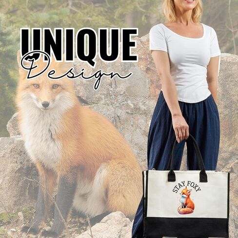 InnoBeta Fox Gifts for Women Girls, Stay Foxy, Canvas Tote Bag for Daughters, Bag with Top Zipper Closure and Shoulder Strap for Birthday in Saudi Arabia