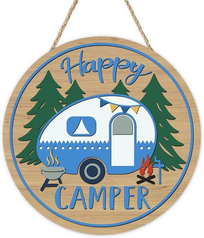 Happy Camper Front Door Sign, Camping RV Pine Tree Wood Hanger Outdoor Outside Home Decor, Campsite Campfire Farmhouse Wooden Wreath Indoor Wall Hanging Decoration in Saudi Arabia