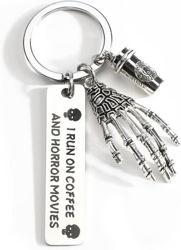 Horror Keychain,Skeleton Keychain with Coffee Cup Charm,I Ran on Coffee and Horror Movies,Gothic Gift for Women Men in Saudi Arabia