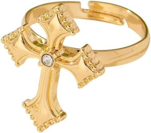 Trendy CZ Cross Open Rings Gold-Tone Plated Unique Rhinestone Religious Faith Knuckle Stackable Finger Adjustable Simple Band Promise Eternity Ring Wedding Statement Modern Jewelry for Women Men Couple in Saudi Arabia