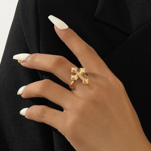 Trendy CZ Cross Open Rings Gold-Tone Plated Unique Rhinestone Religious Faith Knuckle Stackable Finger Adjustable Simple Band Promise Eternity Ring Wedding Statement Modern Jewelry for Women Men Couple in Saudi Arabia