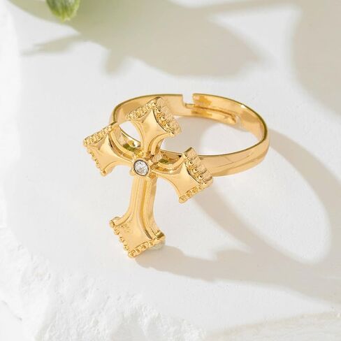 Trendy CZ Cross Open Rings Gold-Tone Plated Unique Rhinestone Religious Faith Knuckle Stackable Finger Adjustable Simple Band Promise Eternity Ring Wedding Statement Modern Jewelry for Women Men Couple in Saudi Arabia