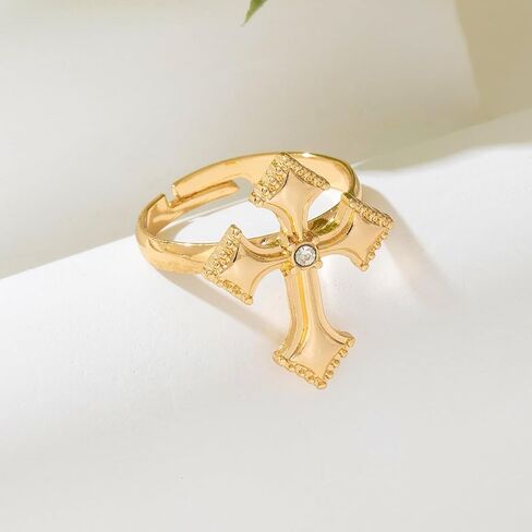Trendy CZ Cross Open Rings Gold-Tone Plated Unique Rhinestone Religious Faith Knuckle Stackable Finger Adjustable Simple Band Promise Eternity Ring Wedding Statement Modern Jewelry for Women Men Couple in Saudi Arabia