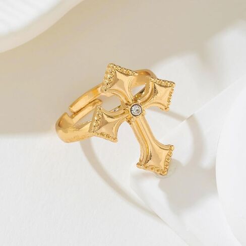 Trendy CZ Cross Open Rings Gold-Tone Plated Unique Rhinestone Religious Faith Knuckle Stackable Finger Adjustable Simple Band Promise Eternity Ring Wedding Statement Modern Jewelry for Women Men Couple in Saudi Arabia
