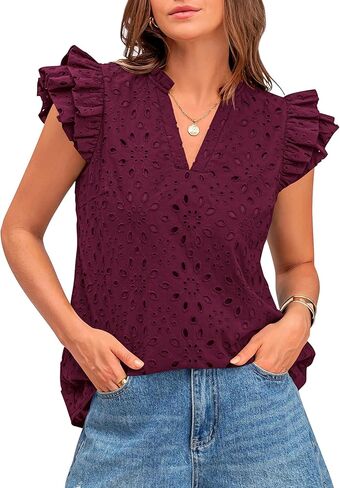 BTFBM Women Summer Eyelet Tops Dressy Casual V Neck Ruffle Cap Sleeve Cotton Boho Shirts Lace Embroidered Blouses 2025 in Saudi Arabia