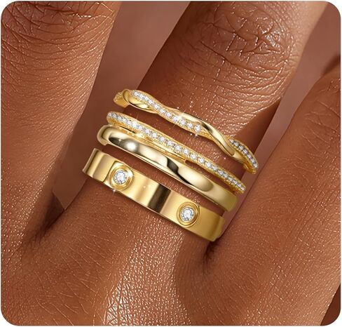 Stackable Rings for Women Non Tarnish 14k Gold Plated Rings Twist Gold Ring Stack Cubic Zirconia Ring Set Dainty Trendy Minimalist Statement Layered Bands Size 5-10 in Saudi Arabia