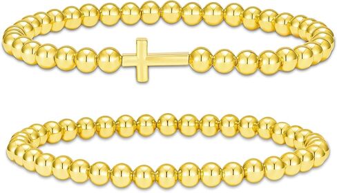 2Pcs Gold Silver Beaded Bracelets for Women Stretch Cross Bow Bead Bracelet Set Stackable Jewelry Gifts in Saudi Arabia