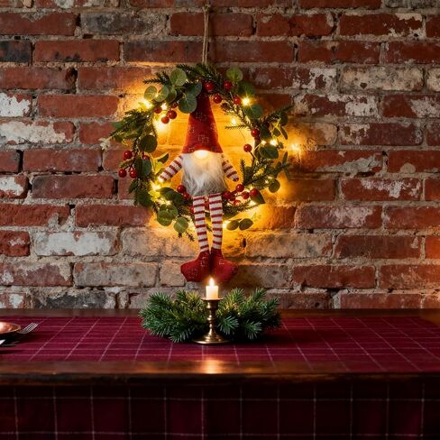 17.5" Door Decoration Gnome Wreath - Illuminated Holiday Door Hanger with Warm Lights, Santa's Helper Themed Wall Decor for Festive Home & Party in Saudi Arabia