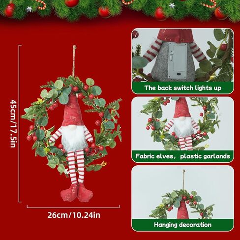 17.5" Door Decoration Gnome Wreath - Illuminated Holiday Door Hanger with Warm Lights, Santa's Helper Themed Wall Decor for Festive Home & Party in Saudi Arabia