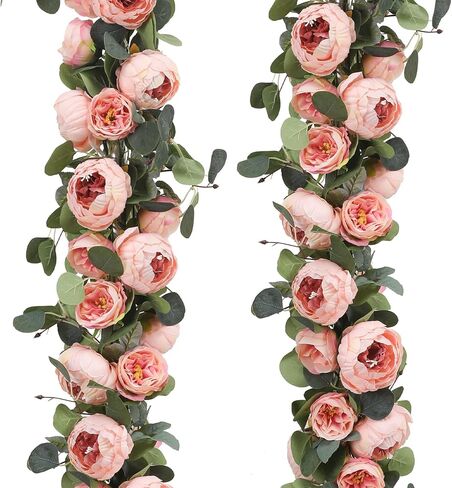 Floweroyal 2 حزمة أكاليل الزهور الاصطناعية 11.2FT أكاليل الأوكالبتوس مع الزهور 8 رئيس الفاوانيا زهرة الكرمة فو الزهور إكليل الزفاف قوس الجدول جدار خلفية إكليل الديكور. (وردي عتيق) in Kuwait