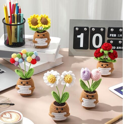 10 Pcs Valentine Crochet Flowers Appreciation Positive Gift Bulk Handmade Knitted Flowers with Positive Quotes for Employee Coworkers Teacher Gifts and Office Desk Decor(Multiple) in Saudi Arabia