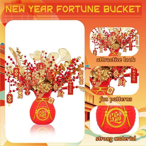 Chinese New Year Artificial Potted Plant Money Bag Red Fruit and Gold Leaves Artificial Potted Flower Spring Festival Flower Blessing Bucket for Indoor Home Office Shelf Tabletop Decor in Saudi Arabia