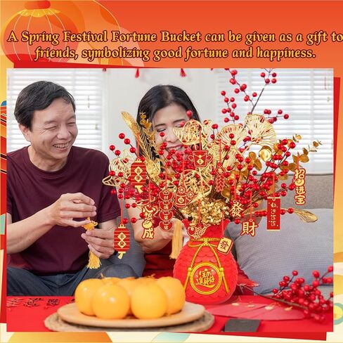 Chinese New Year Artificial Potted Plant Money Bag Red Fruit and Gold Leaves Artificial Potted Flower Spring Festival Flower Blessing Bucket for Indoor Home Office Shelf Tabletop Decor in Saudi Arabia