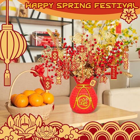 Chinese New Year Artificial Potted Plant Money Bag Red Fruit and Gold Leaves Artificial Potted Flower Spring Festival Flower Blessing Bucket for Indoor Home Office Shelf Tabletop Decor in Saudi Arabia