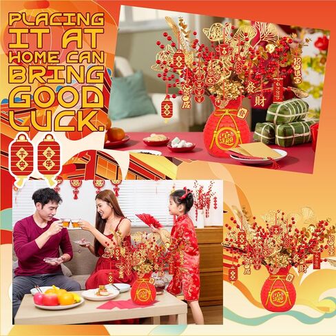 Chinese New Year Artificial Potted Plant Money Bag Red Fruit and Gold Leaves Artificial Potted Flower Spring Festival Flower Blessing Bucket for Indoor Home Office Shelf Tabletop Decor in Saudi Arabia