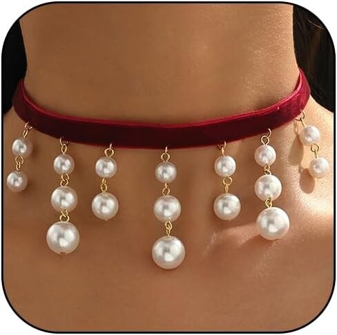 Red Velvet Choker Necklace for Women Vintage Velvet Choker Sexy Pearl Crystal Tassel Necklace New Years Holiday Festival Prom Jewelry in Saudi Arabia