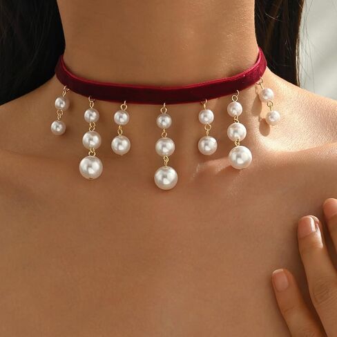 Red Velvet Choker Necklace for Women Vintage Velvet Choker Sexy Pearl Crystal Tassel Necklace New Years Holiday Festival Prom Jewelry in Saudi Arabia