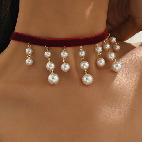 Red Velvet Choker Necklace for Women Vintage Velvet Choker Sexy Pearl Crystal Tassel Necklace New Years Holiday Festival Prom Jewelry in Saudi Arabia