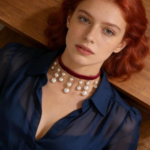 Red Velvet Choker Necklace for Women Vintage Velvet Choker Sexy Pearl Crystal Tassel Necklace New Years Holiday Festival Prom Jewelry in Saudi Arabia