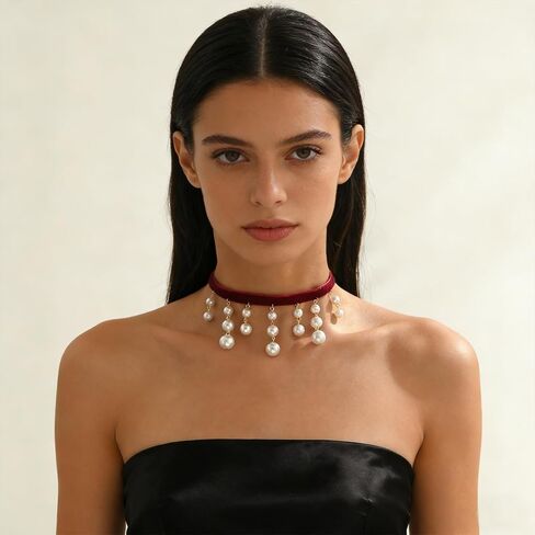 Red Velvet Choker Necklace for Women Vintage Velvet Choker Sexy Pearl Crystal Tassel Necklace New Years Holiday Festival Prom Jewelry in Saudi Arabia