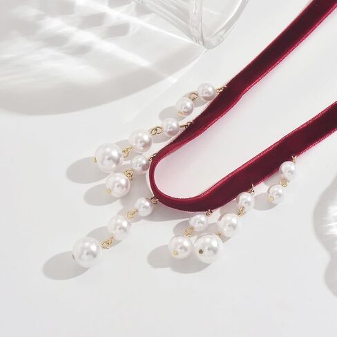 Red Velvet Choker Necklace for Women Vintage Velvet Choker Sexy Pearl Crystal Tassel Necklace New Years Holiday Festival Prom Jewelry in Saudi Arabia