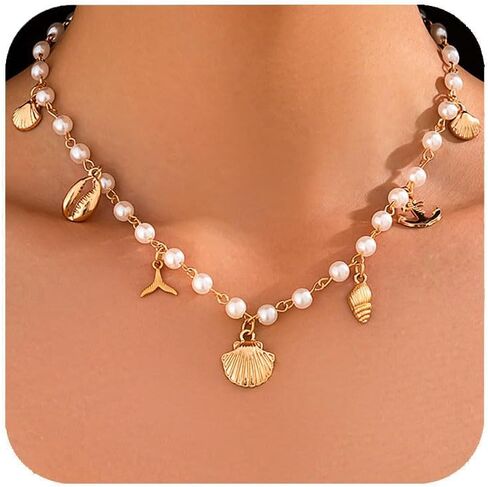 Gold Charm Necklace for Women Gold shell Pearl paperclip Choker necklaces Summer Beach Necklace Boho Charm Jewelry in Saudi Arabia