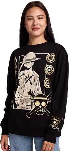 Bioworld One Piece Luffy Icons Gold Foil Print Women’s Black Crew Neck Long Sleeve Fleece Sweatshirt in Saudi Arabia