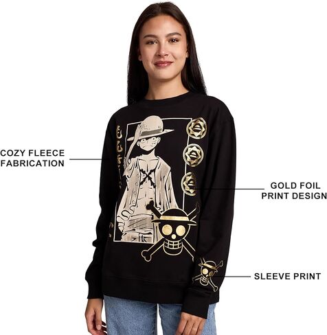 Bioworld One Piece Luffy Icons Gold Foil Print Women’s Black Crew Neck Long Sleeve Fleece Sweatshirt in Saudi Arabia