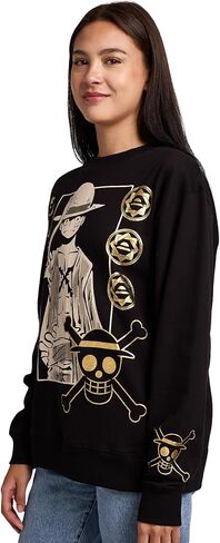 Bioworld One Piece Luffy Icons Gold Foil Print Women’s Black Crew Neck Long Sleeve Fleece Sweatshirt in Saudi Arabia