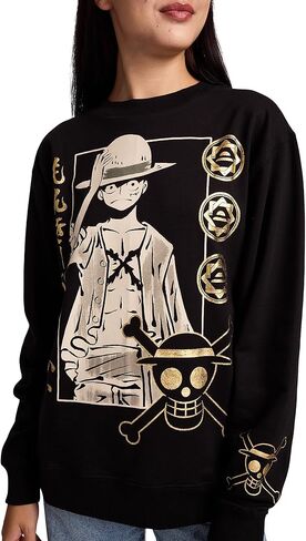 Bioworld One Piece Luffy Icons Gold Foil Print Women’s Black Crew Neck Long Sleeve Fleece Sweatshirt in Saudi Arabia