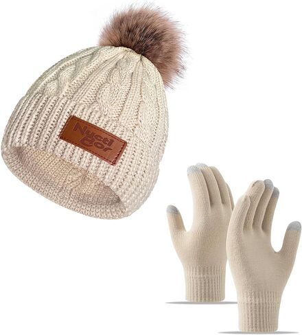 Womens Winter Hats and Gloves Set Gifts, Warm Knit Touchscreen Gloves Beanie Caps With Pom Pom in Saudi Arabia