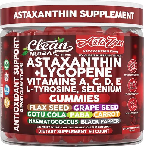 كلين نوترا أستازين أستازانتين صمغ مركب 12 ملغ مع الليكوبين، فيتامين نقي A C D E، L-تيروسين، السيلينيوم - عين الموز التوتية الممتازة، الجلد، مكمل لدعم المناعة، 60 قطعة in Saudi Arabia