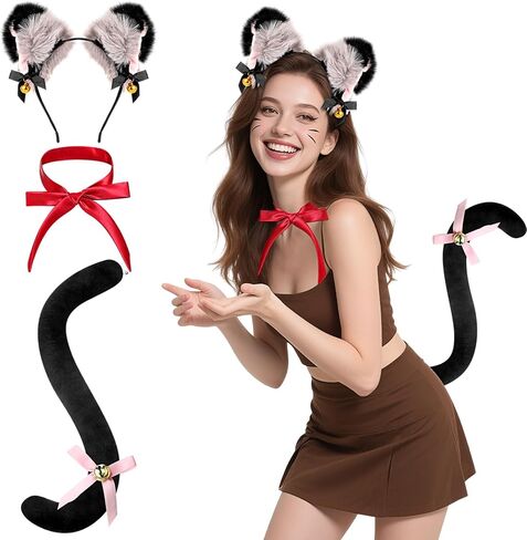 3 Pcs Halloween Cat Costume Set Cat Ears Headband Tail with Bell and Bow Tie for Party Cosplay in Saudi Arabia