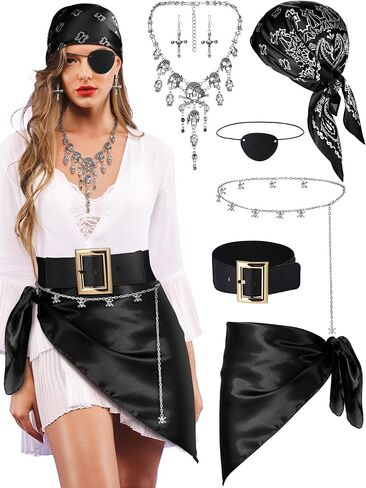 7 Pcs Pirate Costume Women Accessories Square Head Scarf Pirate Waist Belt Waist Chains Necklace Earring Eye Patch in Saudi Arabia