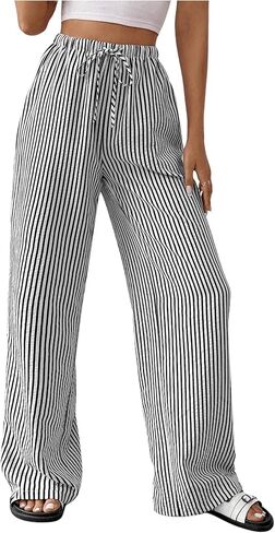 Women's Striped Pants Drawstring High Waisted Wide Leg Casual Loose Trousers in Saudi Arabia
