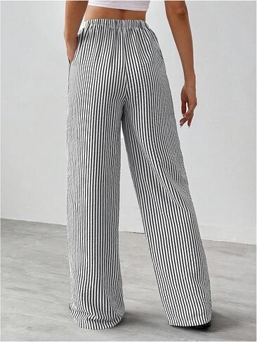 Women's Striped Pants Drawstring High Waisted Wide Leg Casual Loose Trousers in Saudi Arabia