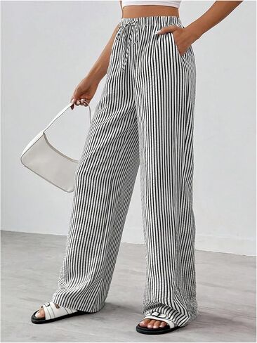 Women's Striped Pants Drawstring High Waisted Wide Leg Casual Loose Trousers in Saudi Arabia