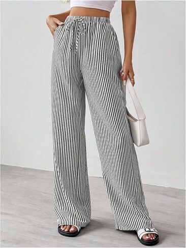 Women's Striped Pants Drawstring High Waisted Wide Leg Casual Loose Trousers in Saudi Arabia