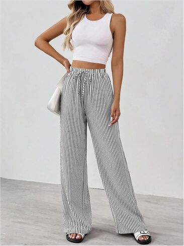Women's Striped Pants Drawstring High Waisted Wide Leg Casual Loose Trousers in Saudi Arabia