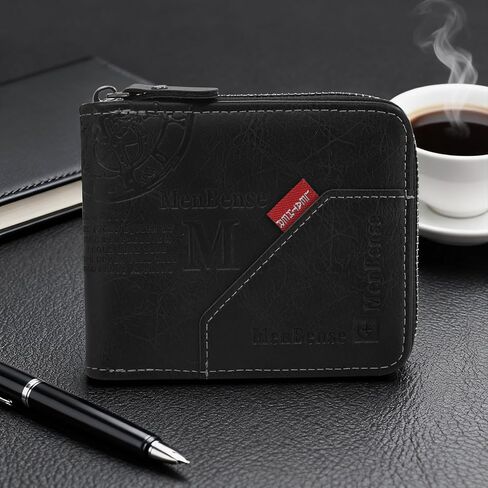 Soft PU Men Wallet, Large Capacity Zipper Wallet with 4 Cards Slots 2 ID Windows 1 Button Small Bag 2 Zipper Pockets 1 Cash Compartment Business Card Holder Wallet for Men(Black) in Saudi Arabia
