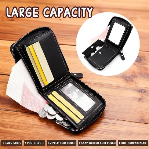 Soft PU Men Wallet, Large Capacity Zipper Wallet with 4 Cards Slots 2 ID Windows 1 Button Small Bag 2 Zipper Pockets 1 Cash Compartment Business Card Holder Wallet for Men(Black) in Saudi Arabia
