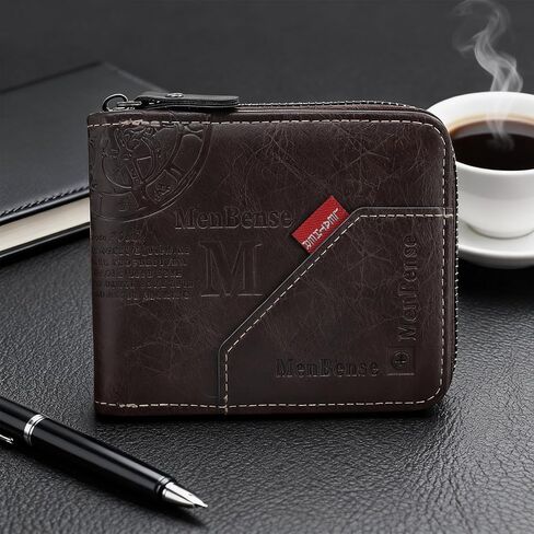 Soft PU Men Wallet, Large Capacity Zipper Wallet with 4 Cards Slots 2 ID Windows 1 Button Small Bag 2 Zipper Pockets 1 Cash Compartment Business Card Holder Wallet for Men(Black) in Saudi Arabia
