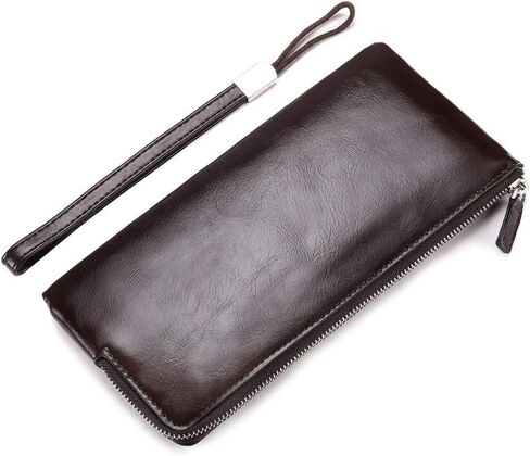 Genuine Leather Long Bifold Wallet for Men, Minimalist, Zip Around Clutch, Travel Purse, Checkbook, Smartphone, Cash (Black) in Saudi Arabia